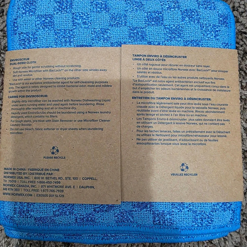 Norwex EnviroScrub 3pc Set Turquoise Blue Dual Sided Recycled Microfiber BacLock